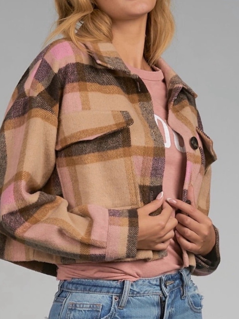 Elan Leo Woman’s Pink and Brown Plaid Cropped Flannel Jacket